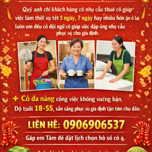 CÔ GIÚP VIỆC THỜI VỤ TẾT NHẬN LỊCH TỪ HÔM NAY: 0906906537 (Có zalo)