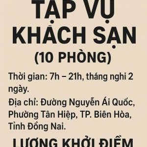 TUYỂN TẠP VỤ - SÁNG ĐI CHIỀU VỀ  ỞBIÊN HÒA – ĐỒNG NAI