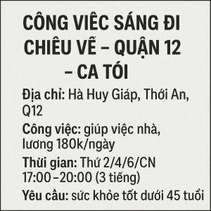 CÔNG VIỆC SÁNG ĐI CHIỀU VỀ - QUẬN 12 – CA TỐI